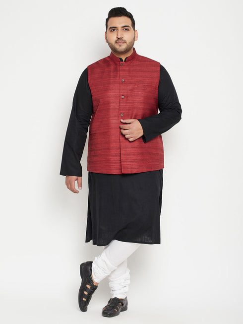 Vastramay Men's Plus Size Black Maroon Cotton Blend Jacket Kurta Pyjama Set