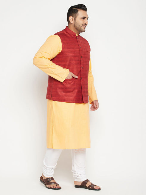 Vastramay Men's Plus Size Fawn and Maroon Cotton Blend Jacket Kurta Pyjama Set