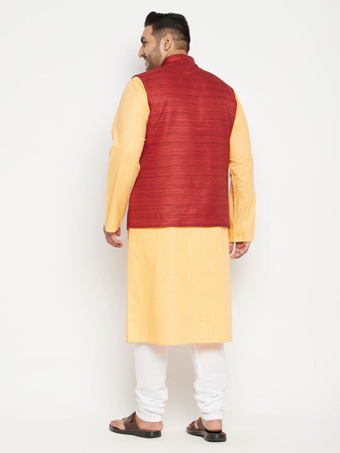 Vastramay Men's Plus Size Fawn and Maroon Cotton Blend Jacket Kurta Pyjama Set