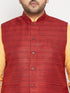Vastramay Men's Plus Size Fawn and Maroon Cotton Blend Jacket Kurta Pyjama Set