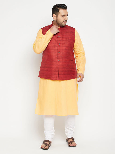 Vastramay Men's Plus Size Fawn and Maroon Cotton Blend Jacket Kurta Pyjama Set