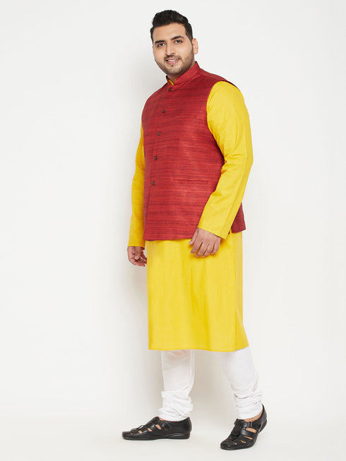 Vastramay Men's Plus Size Mustard and Maroon Cotton Blend Jacket Kurta Pyjama Set