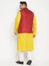 Vastramay Men's Plus Size Mustard and Maroon Cotton Blend Jacket Kurta Pyjama Set