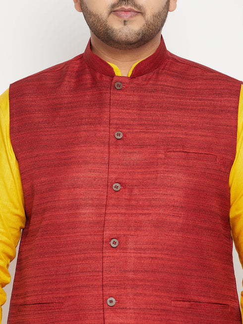 Vastramay Men's Plus Size Mustard and Maroon Cotton Blend Jacket Kurta Pyjama Set