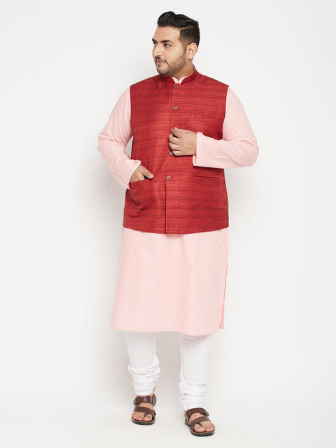 Vastramay Men's Plus Size Pink and Maroon Cotton Blend Jacket Kurta Pyjama Set