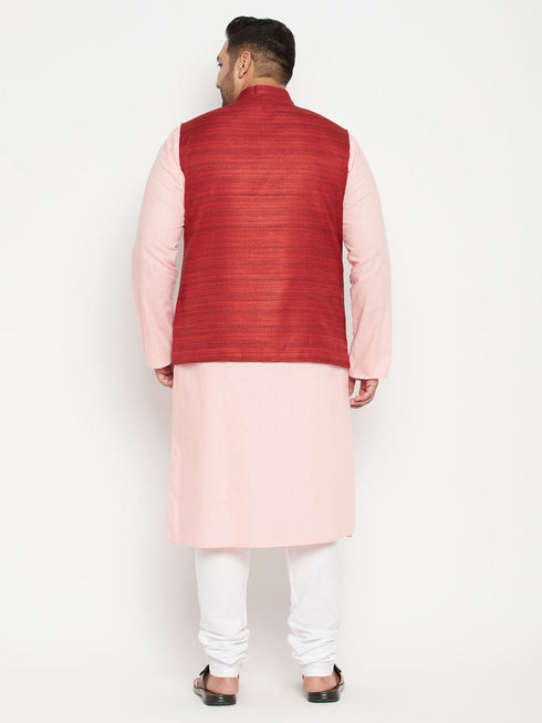 Vastramay Men's Plus Size Pink and Maroon Cotton Blend Jacket Kurta Pyjama Set