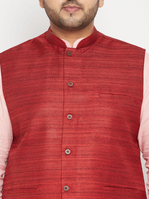 Vastramay Men's Plus Size Pink and Maroon Cotton Blend Jacket Kurta Pyjama Set