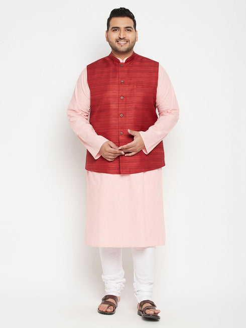 Vastramay Men's Plus Size Pink and Maroon Cotton Blend Jacket Kurta Pyjama Set