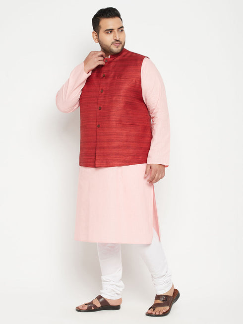 Vastramay Men's Plus Size Pink and Maroon Cotton Blend Jacket Kurta Pyjama Set