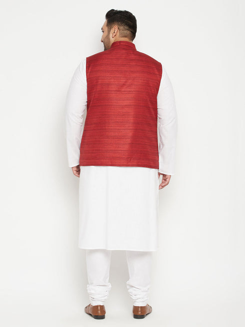 Vastramay Men's Plus Size White and Maroon Cotton Blend Jacket Kurta Pyjama Set