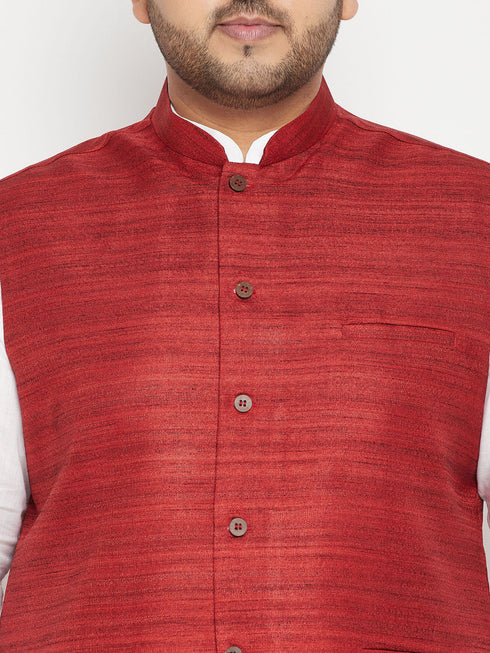 Vastramay Men's Plus Size White and Maroon Cotton Blend Jacket Kurta Pyjama Set