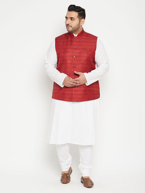 Vastramay Men's Plus Size White and Maroon Cotton Blend Jacket Kurta Pyjama Set