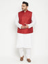 Vastramay Men's Plus Size White and Maroon Cotton Blend Jacket Kurta Pyjama Set