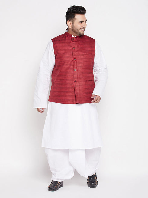 Vastramay Men's Plus Size Maroon Cotton Blend Jacket With White Kurta And Dhoti Set