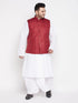 Vastramay Men's Plus Size Maroon Cotton Blend Jacket With White Kurta And Dhoti Set