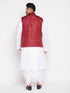Vastramay Men's Plus Size Maroon Cotton Blend Jacket With White Kurta And Dhoti Set