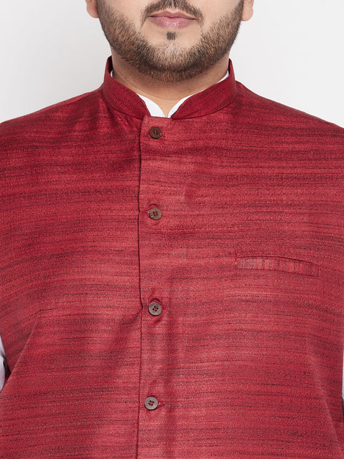 Vastramay Men's Plus Size Maroon Cotton Blend Jacket With White Kurta And Dhoti Set