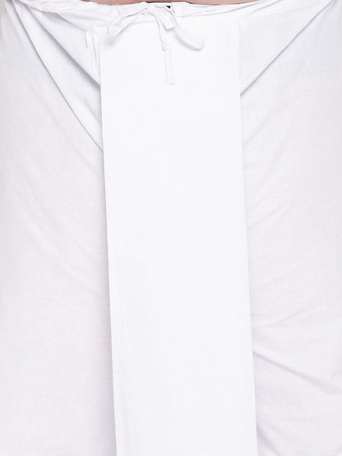 Vastramay Men's Plus Size Maroon Cotton Blend Jacket With White Kurta And Dhoti Set