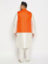 Vastramay Men's Plus Size Orange Matka Silk Nehru Jacket With Cream Silk Blend Kurta and Pant style Pyjama Set