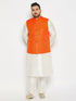 Vastramay Men's Plus Size Orange Matka Silk Nehru Jacket With Cream Silk Blend Kurta and Pant style Pyjama Set