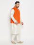 Vastramay Men's Plus Size Orange Matka Silk Nehru Jacket With Cream Silk Blend Kurta and Pant style Pyjama Set