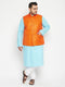 Vastramay Plus Size Men's Aqua Blue Kurta And White Pyjama With Nehru Jacket Set