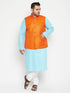 Vastramay Plus Size Men's Aqua Blue Kurta And White Pyjama With Nehru Jacket Set