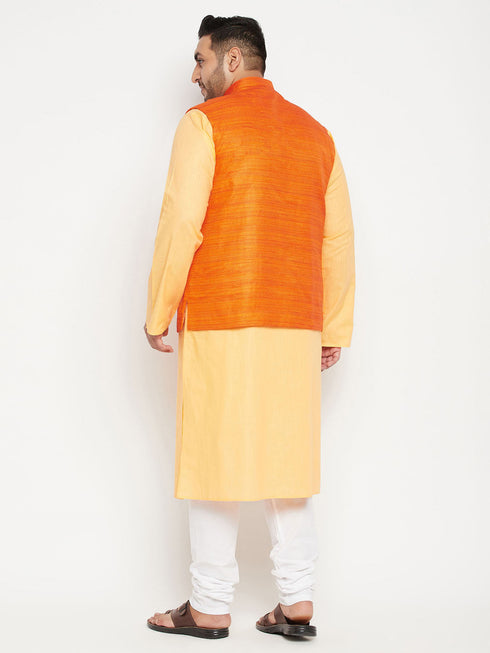 Vastramay Men's Plus Size Fawn and Orange Cotton Blend Jacket Kurta Pyjama Set