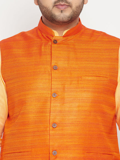 Vastramay Men's Plus Size Fawn and Orange Cotton Blend Jacket Kurta Pyjama Set