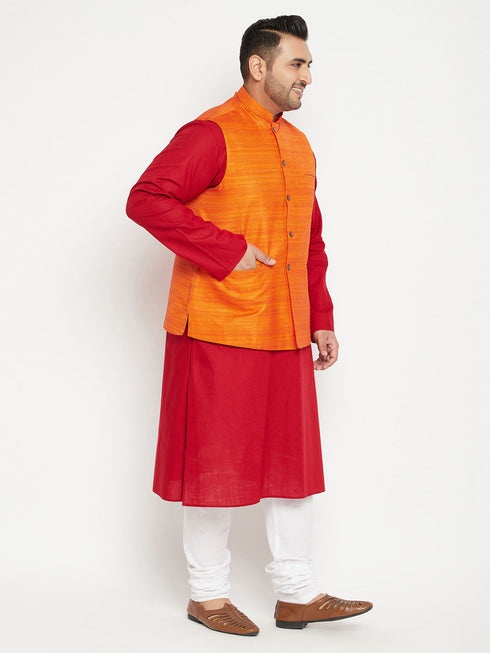 Vastramay Men's Plus Size Maroon and Orange Cotton Blend Jacket Kurta Pyjama Set
