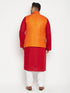 Vastramay Men's Plus Size Maroon and Orange Cotton Blend Jacket Kurta Pyjama Set