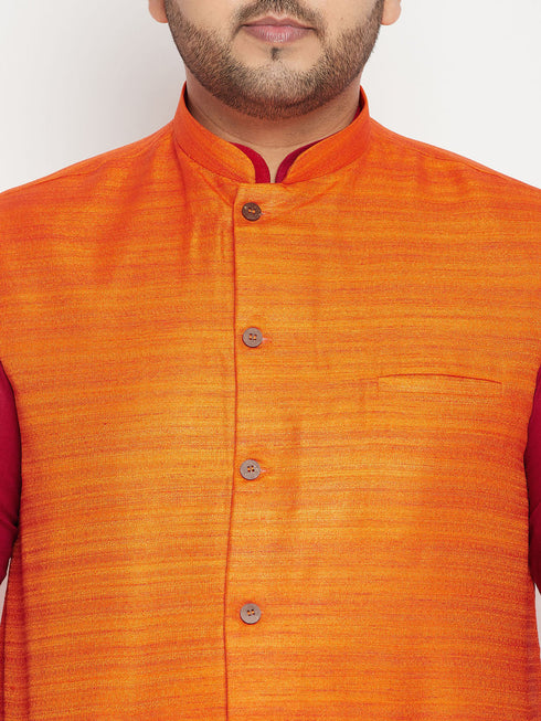Vastramay Men's Plus Size Maroon and Orange Cotton Blend Jacket Kurta Pyjama Set