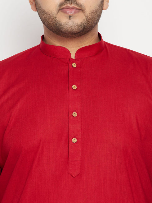 Vastramay Men's Plus Size Maroon and Orange Cotton Blend Jacket Kurta Pyjama Set