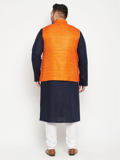 Vastramay Men's Plus Size Navy Blue and Orange Cotton Blend Jacket Kurta Pyjama Set