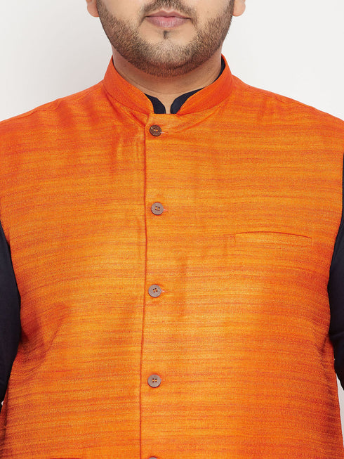 Vastramay Men's Plus Size Navy Blue and Orange Cotton Blend Jacket Kurta Pyjama Set