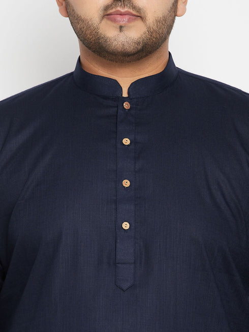 Vastramay Men's Plus Size Navy Blue and Orange Cotton Blend Jacket Kurta Pyjama Set