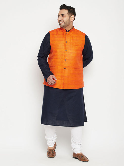 Vastramay Men's Plus Size Navy Blue and Orange Cotton Blend Jacket Kurta Pyjama Set