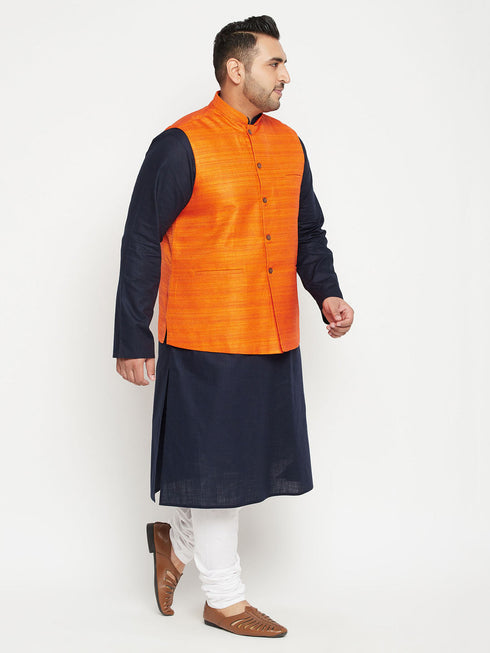 Vastramay Men's Plus Size Navy Blue and Orange Cotton Blend Jacket Kurta Pyjama Set