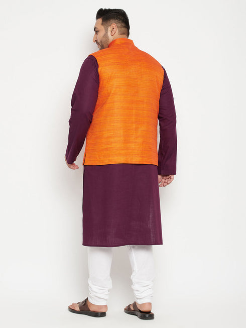 Vastramay Men's Plus Size Purple and Orange Cotton Blend Jacket Kurta Pyjama Set