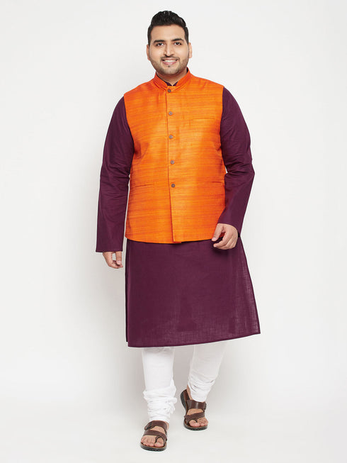Vastramay Men's Plus Size Purple and Orange Cotton Blend Jacket Kurta Pyjama Set
