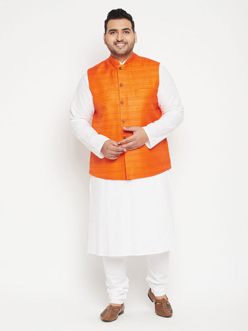 Vastramay Men's Plus Size White and Orange Cotton Blend Jacket Kurta Pyjama Set