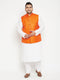 Vastramay Men's Plus Size White and Orange Cotton Blend Jacket Kurta Pyjama Set
