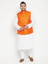 Vastramay Men's Plus Size White and Orange Cotton Blend Jacket Kurta Pyjama Set
