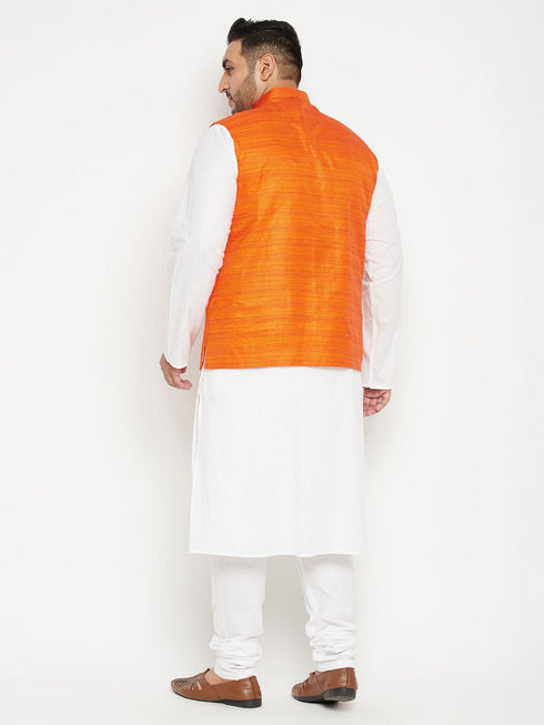 Vastramay Men's Plus Size White and Orange Cotton Blend Jacket Kurta Pyjama Set