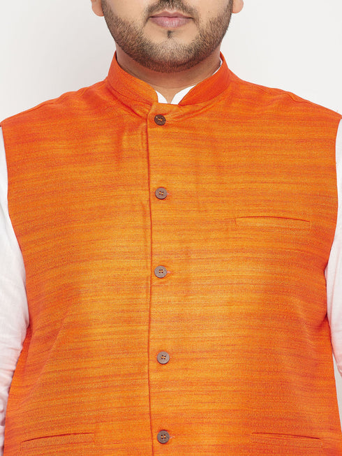 Vastramay Men's Plus Size White and Orange Cotton Blend Jacket Kurta Pyjama Set