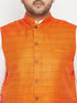 Vastramay Men's Plus Size White and Orange Cotton Blend Jacket Kurta Pyjama Set