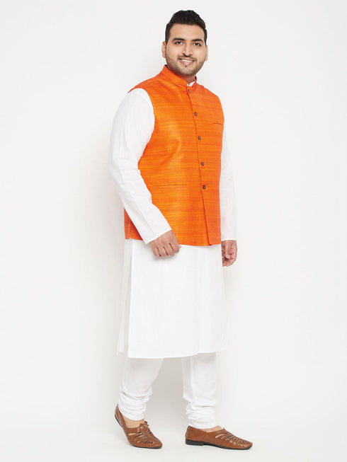 Vastramay Men's Plus Size White and Orange Cotton Blend Jacket Kurta Pyjama Set
