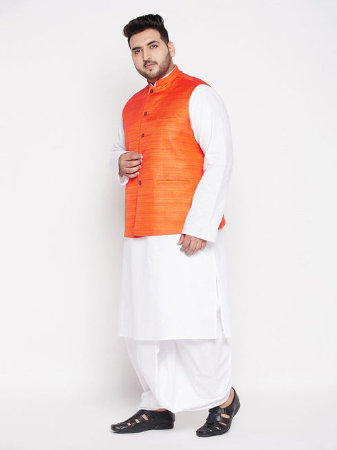Vastramay Men's Plus Size Orange Cotton Blend Jacket With White Kurta And Dhoti Set