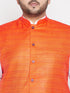 Vastramay Men's Plus Size Orange Cotton Blend Jacket With White Kurta And Dhoti Set