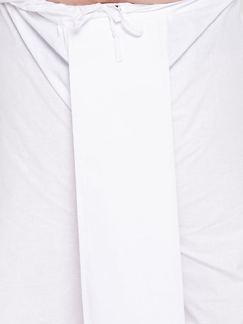 Vastramay Men's Plus Size Orange Cotton Blend Jacket With White Kurta And Dhoti Set